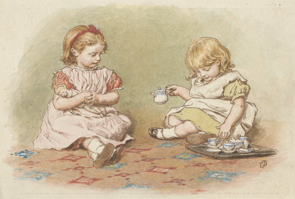 Two young girls are sat on the floor playing with a toy tea-set.