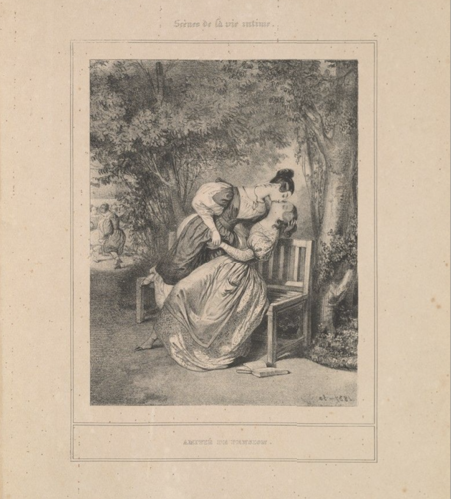 Two women are leaning on a bench and kissing. 