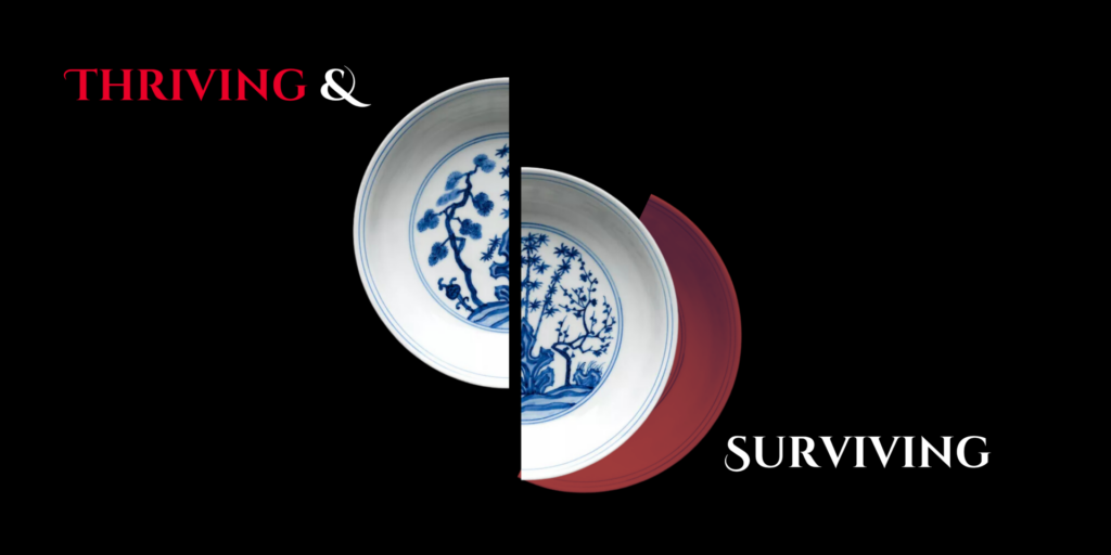 The text 'thriving and surviving' sit either side of the plate of the three friends of winter digitally edited. 