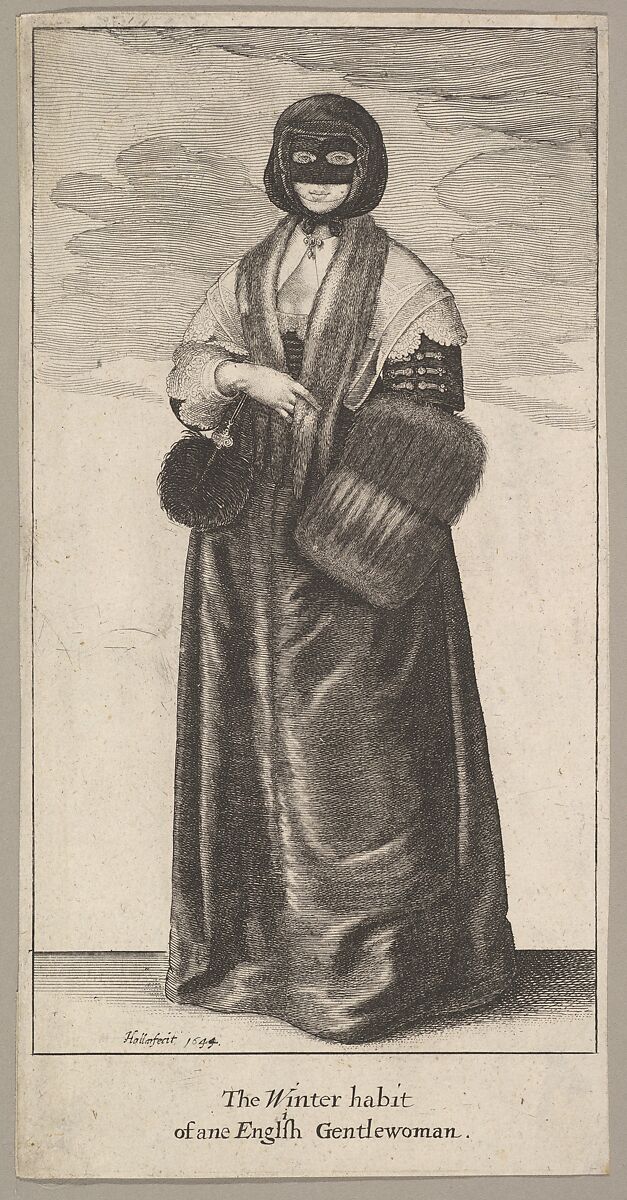In this etching, a woman is stood looking at the viewer, wearing fur clothing. Beneath her is the caption 'The Winter Habit of an English Gentlewoman'.  