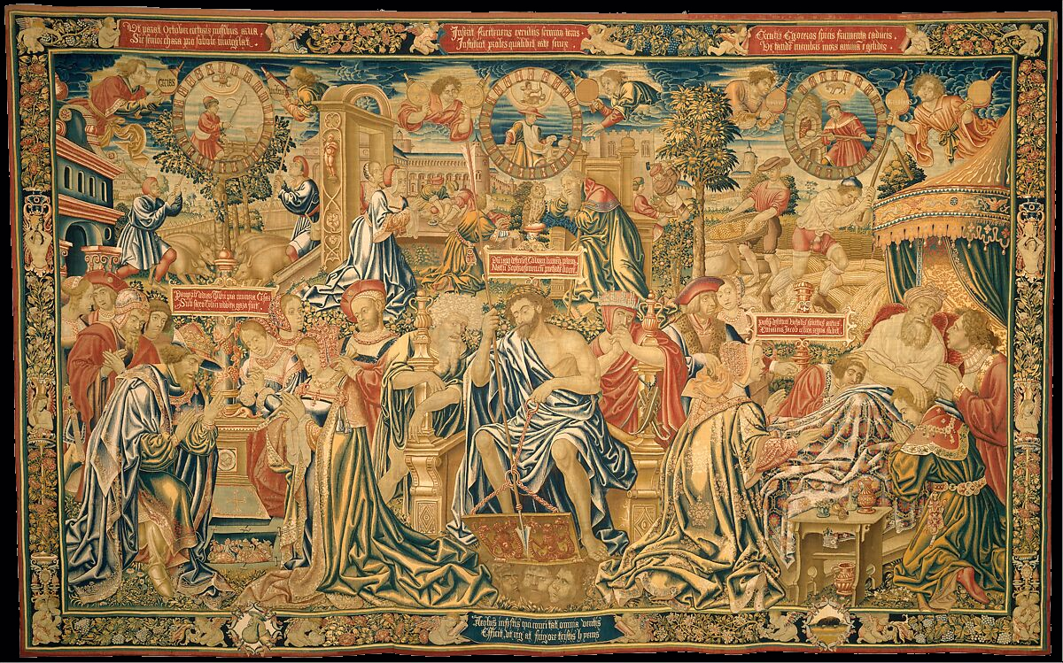 In this wool and silk tapestry groups of figures represent the last 18 years of a persons life, while in the heavens above angels represent the divine and the afterlife. 