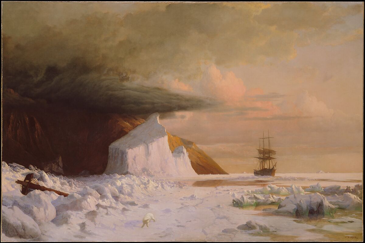 In this painting, a wooden ship appears in the background sailing through vast sheets of ice. An ominous dark cloud hovers above mountains in the left hand corner of the image. 