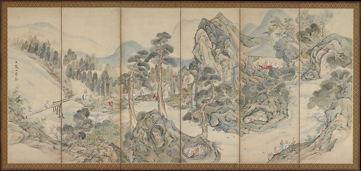 In this pair of six-panel folding screens (ink and color on paper) a group of people celebrate the harvest festival amongst the trees and mountains of rural Japan. 