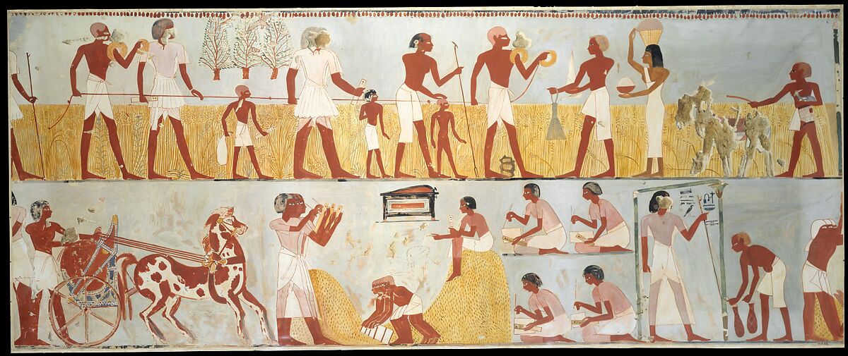 In this tempera on paper are two rows of figures performing harvest activities. 