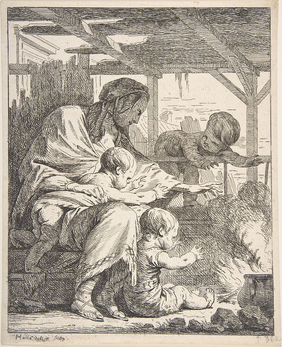 In this etching, a woman and three young children lean over a roaring fire to warm their hands.
