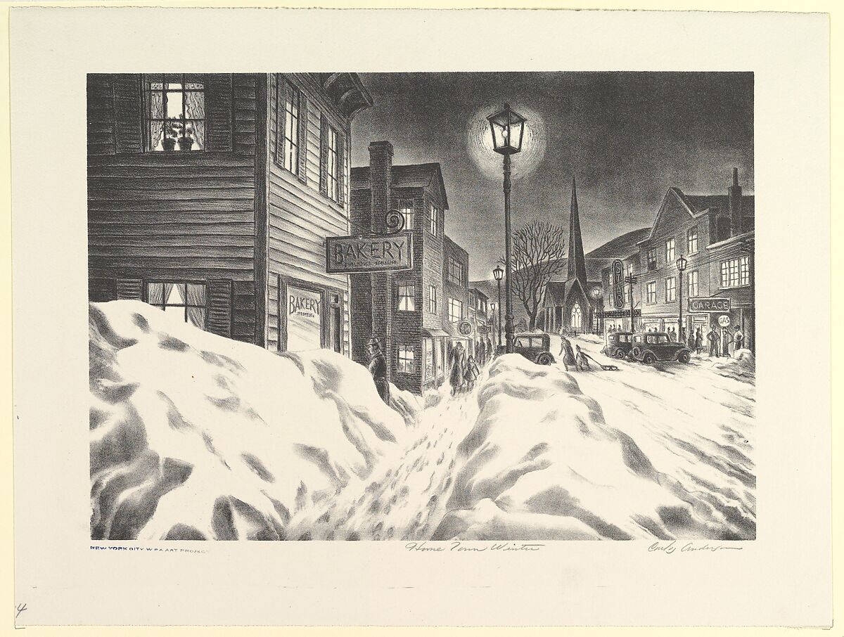 This lithograph by Anderson is of a snowfilled street at night. Figures are walking between buildings, including a bakery, a garage and a church. The central focus of the image is a tall street light.