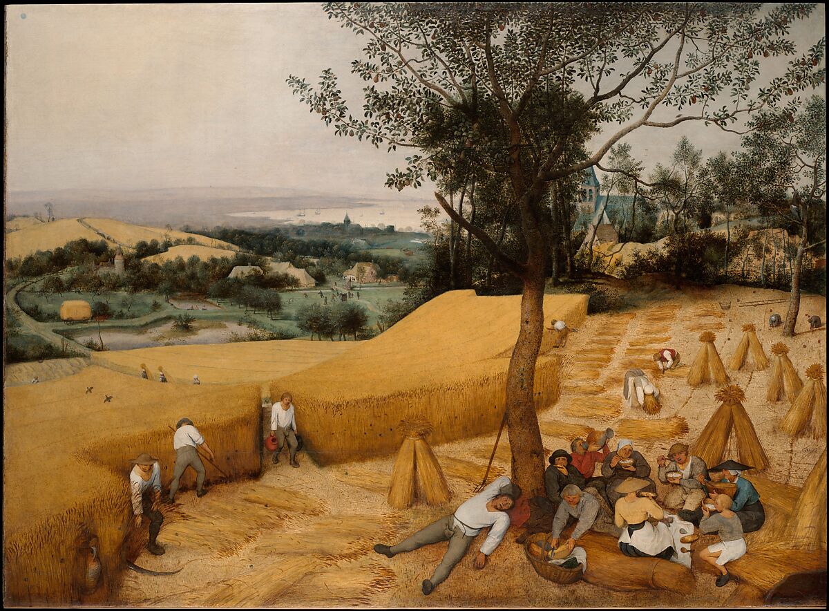 In this painting a group of people harvest golden wheat in a feild. Others rest beneath a large tree in the paintings foreground. 