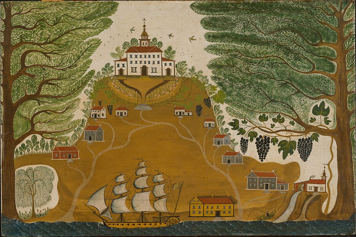 In this oil on wood painting is an imagined depiction of a plantation. At the bottom is a ship at sea, and on top of a large hill is a white house with a red roof. There are other buildings dotted around the hillside. On either side of the hill are large trees bearing grapes. 