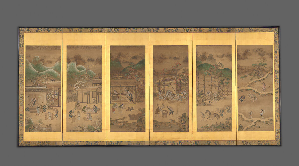 In this pair of six-panel folding screens  (ink and color on paper) are illustrations of farmers and their daily lives.
