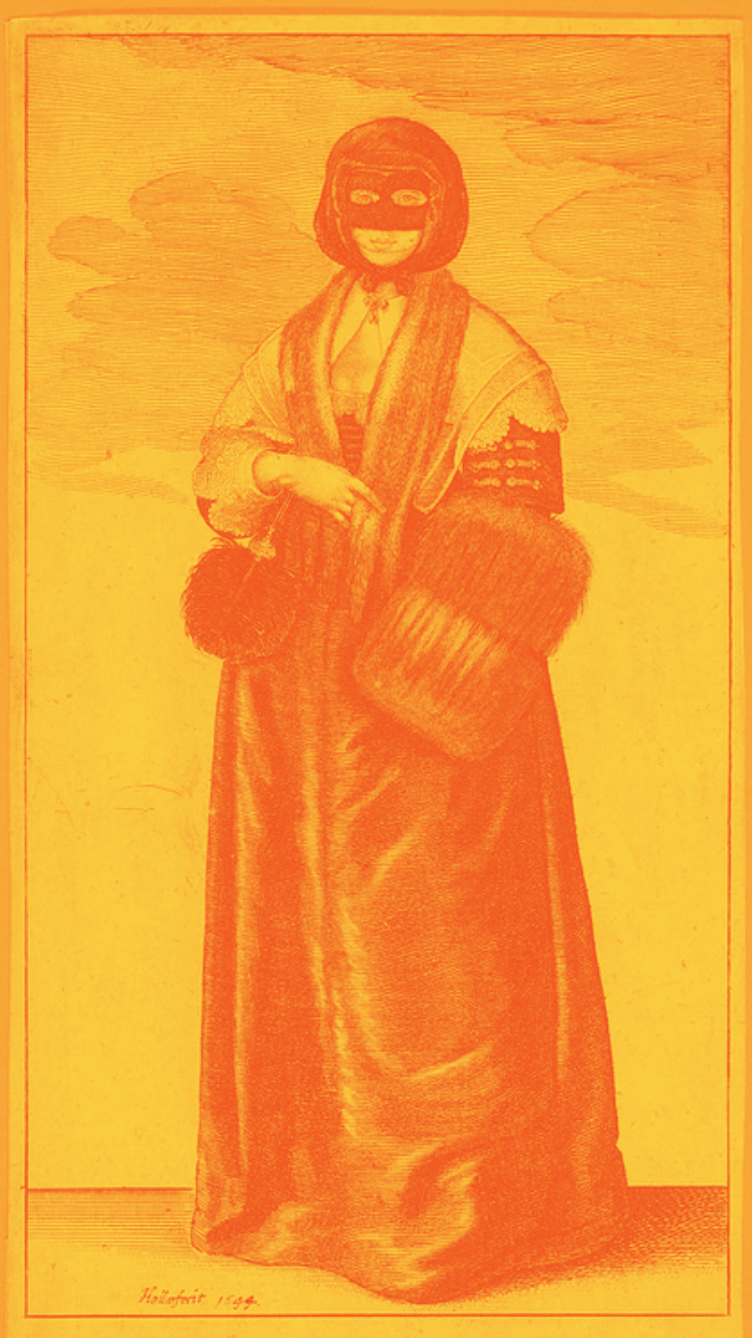A zoomed in colourised orange version of English Lady in Winter Costume (The Winter Habit of an English Gentlewoman) Wenceslaus Hollar (1607–1677) Bohemian, 1644 The Metropolitan Museum of Art A woman wearing furs is used to illustrate how wealthy women at this time dressed for the cold