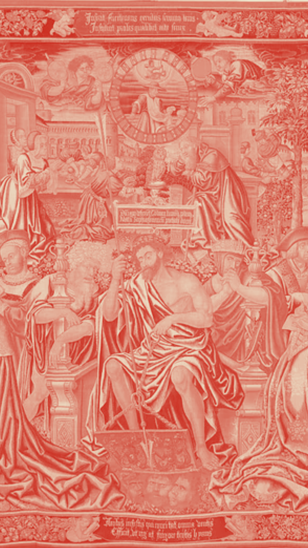 A zoomed in colour edited pink version of The Twelve Ages of a Man: The Last Three Ages (54-72), or Winter. Probably after a design by the Workshop of Bernard van Orley (life dates) Netherlandish, Ca. 1515.