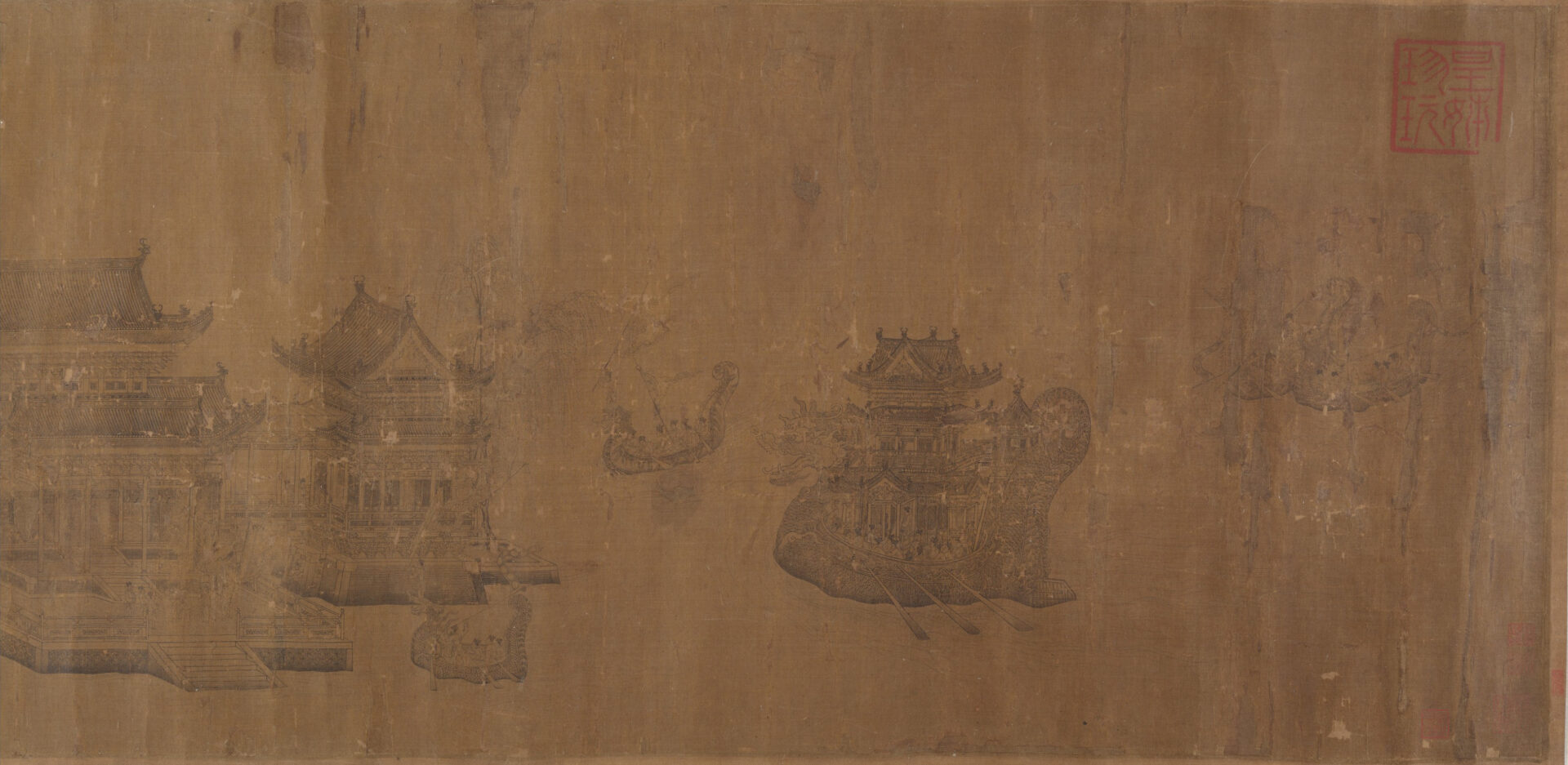 In these two images (handscroll; ink and color on silk) large crowds of figures stand on the riverbank watching the river boats sailing past. In the centre is a large bridge connecting the two banks, with wooden buildings along each side. 