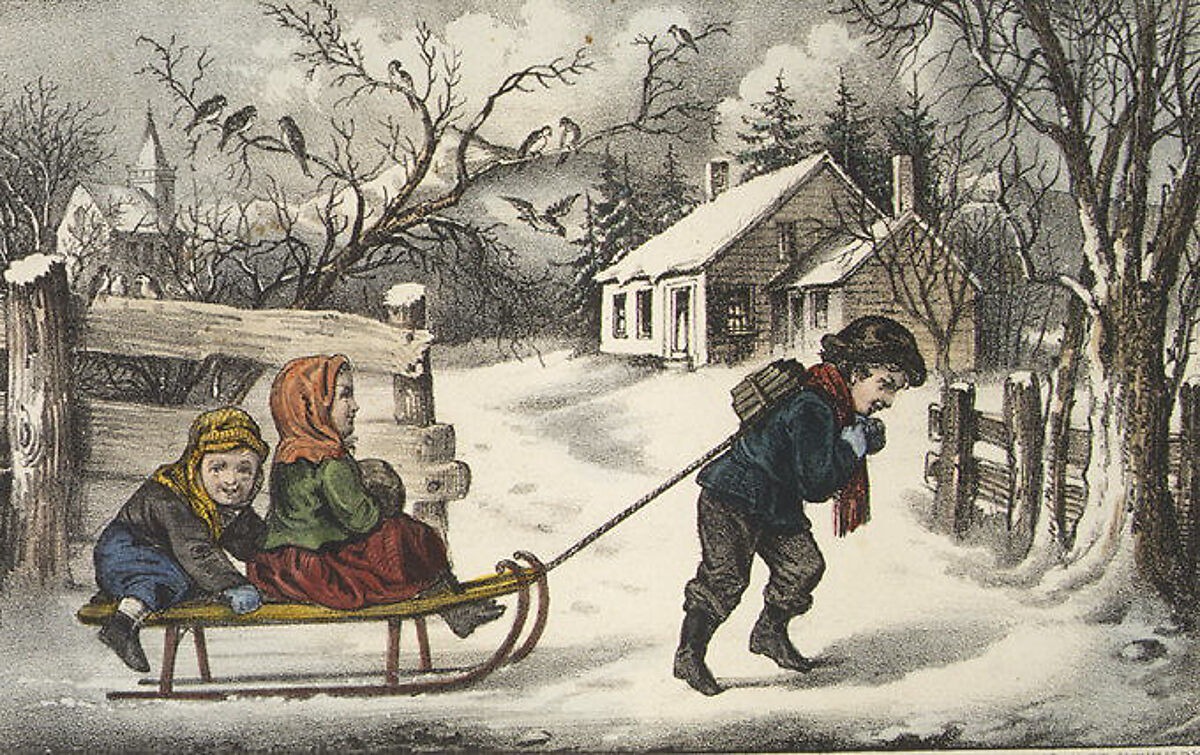 In this hand coloured lithograph, 2 children are pulled on a sled to school by a third through thick snow. In the background are trees and a wooden house. 