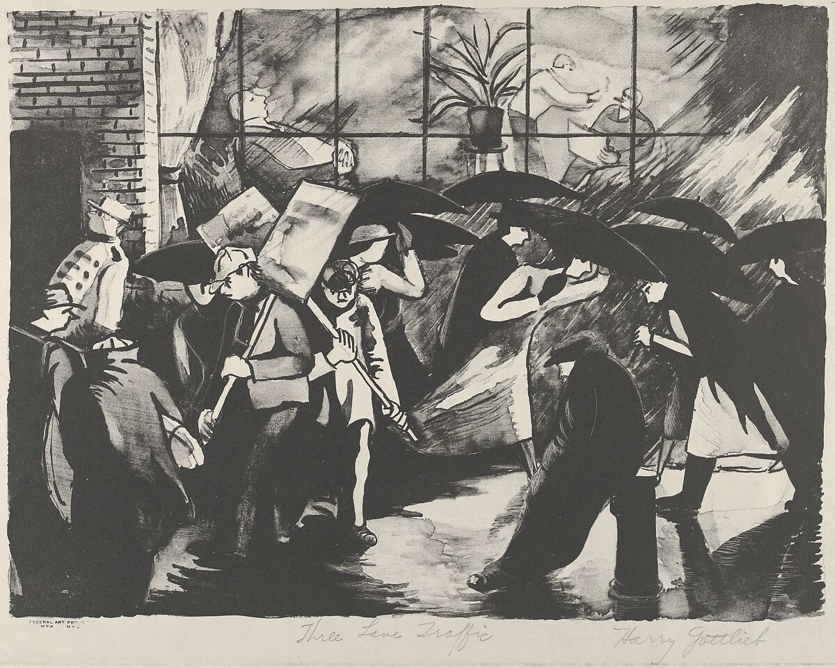 This lithograph depicts striking workers intermingling with people carrying umberallas and rushing through the rain. Behind a glass window are figures wearing suits and smoking, beside a potted plant.
