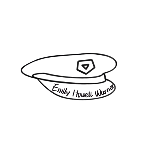 A black and white line sketch of a pilots cap. With the name Emily Howell Warner.