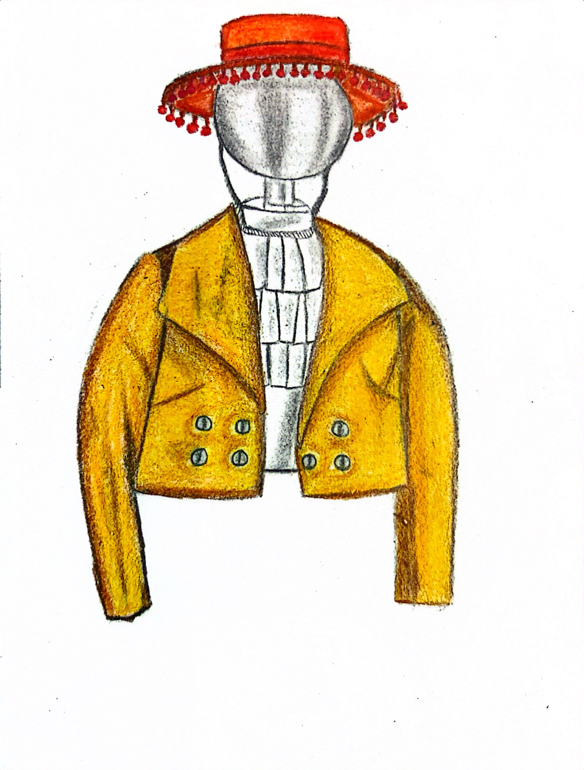 A water colour pencil sketch of a flight attendants outfit that is inspired by Mexican clothing. A bright orange hat with tassels on the edges. A frilly white shirt and a bright yellow bolero like jacket. 