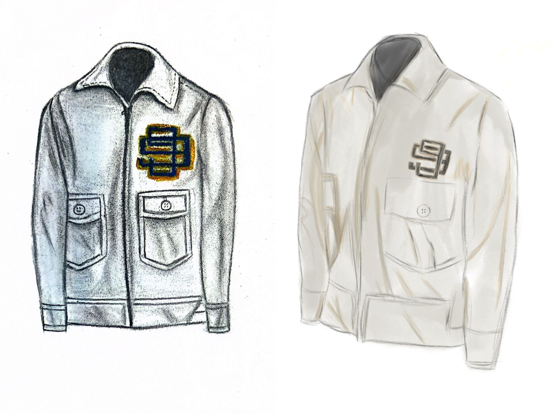Two sketches of a white jacket with long sleeves and pockets. Over the right pocket there is a logo of two interlocking black 9's with orange lining. The sketch on the left is hand drawn with water colour pencils and the sketch on the right is digitally created. 