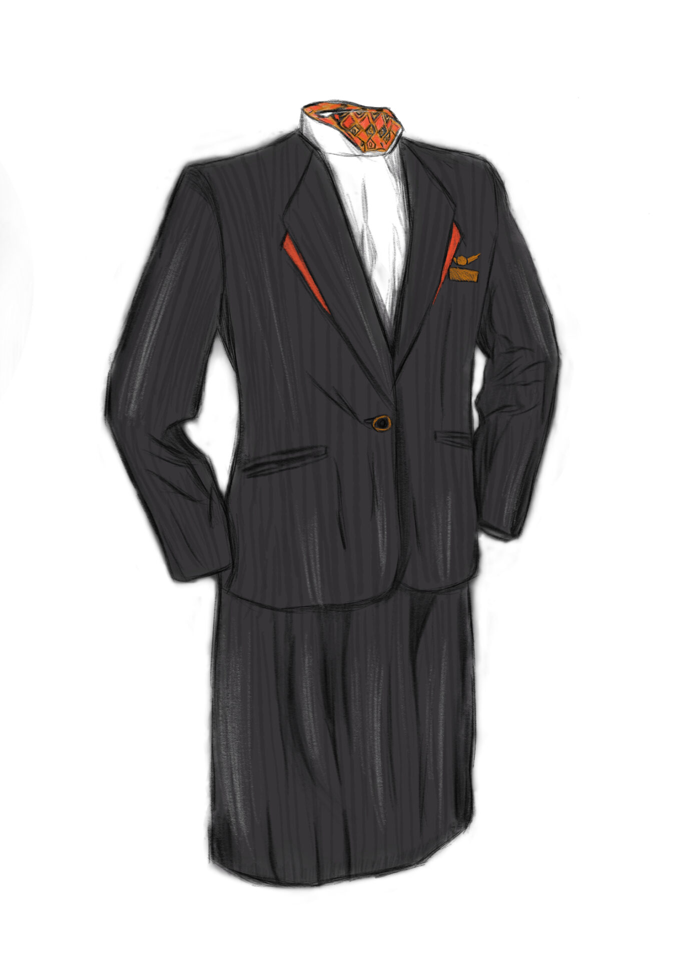 A digital sketch of a more modern flight attendants uniform. A black jacket with red piping on the collar. A long black skirt and a white shirt. And a red and black neckerchief. 