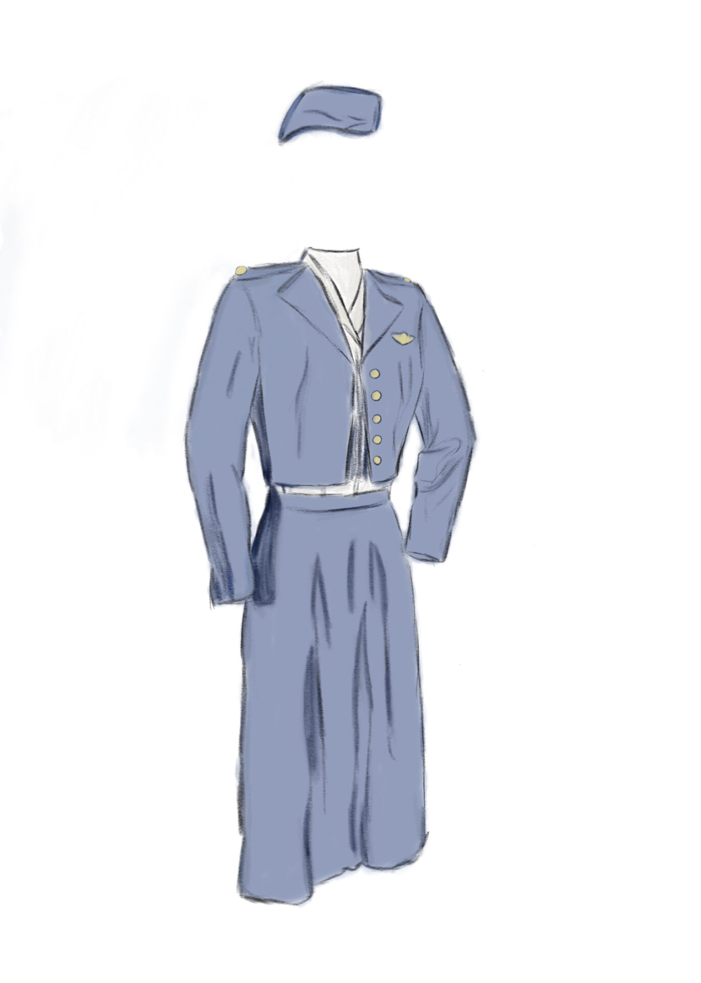 A digital sketch of a light blue flight attendants outfit. A blue buttoned jacket and matching long skirt. Also a matching hat.  