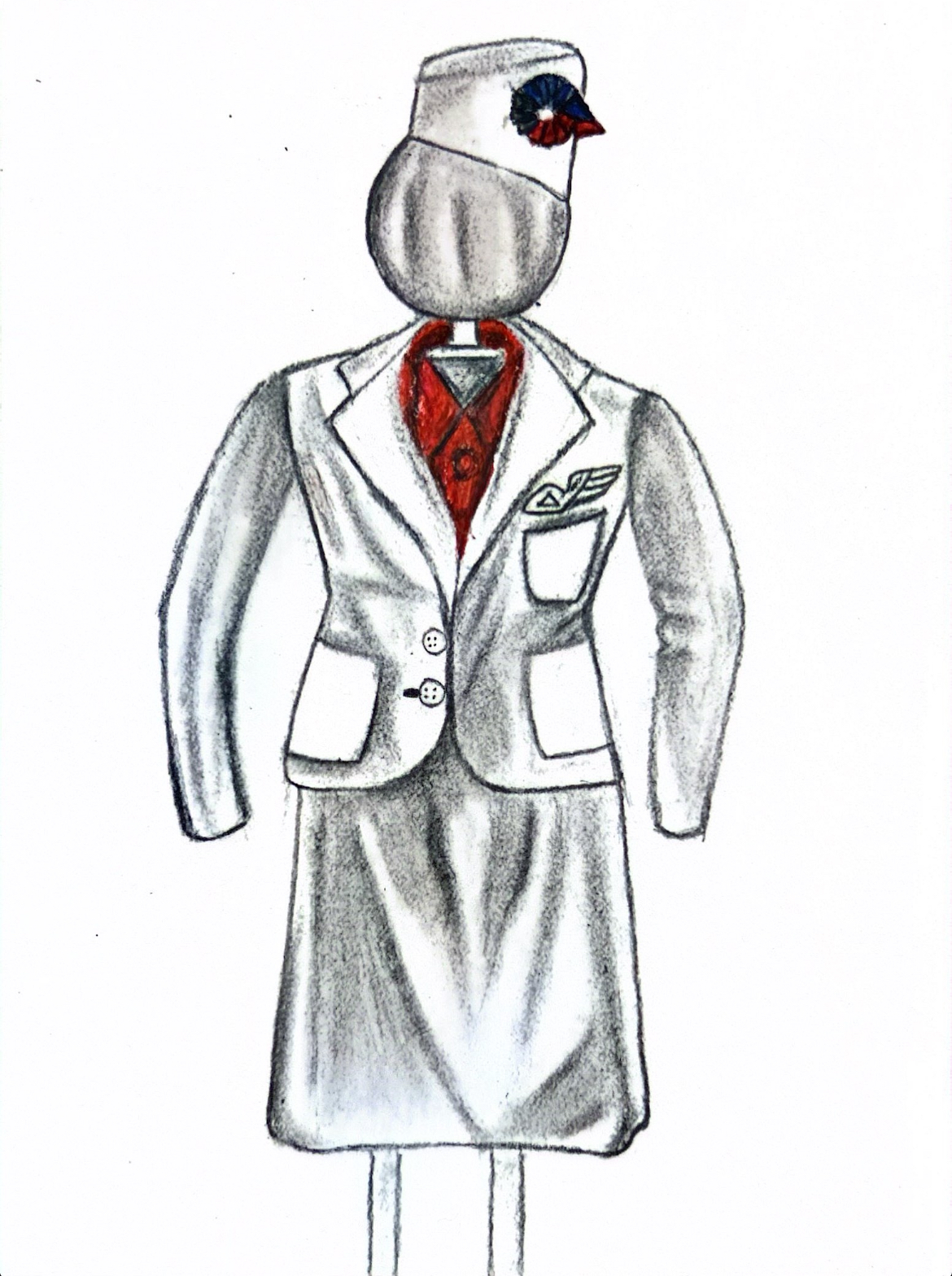 A sketch with water colour pencils of an flight attendants outfit. A white jacket and knee length skirt. A red shirt underneath. A white hat on top. 